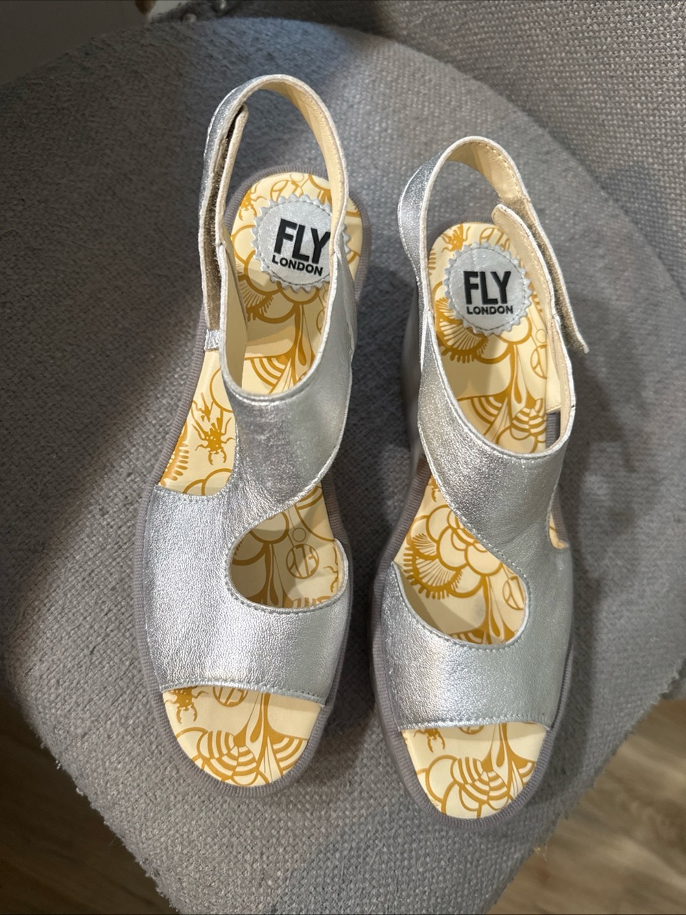 FLY London Metallic Silver Cutout Slingback Sandals